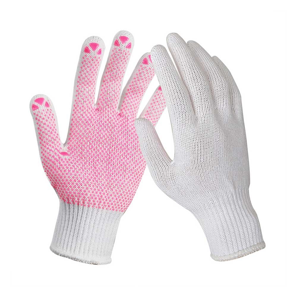 Thin, Light Weight LADIES Polyester Cotton String Knit Safety Work Gloves, Pvc dots on Palm
