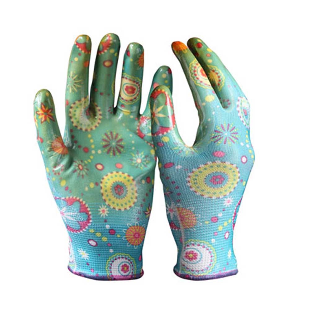 1/2 Nitrile Coated Glove Nylon Polyester String Knit Liner Strong Oil Resistant Flower Pattern Garden Gloves