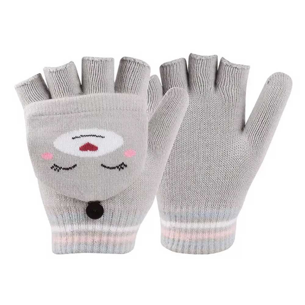 Grey Jacquard Stretchy Gloves, Cold Weather Use, Cute, Mittens Cover Fingerless Knit Gloves