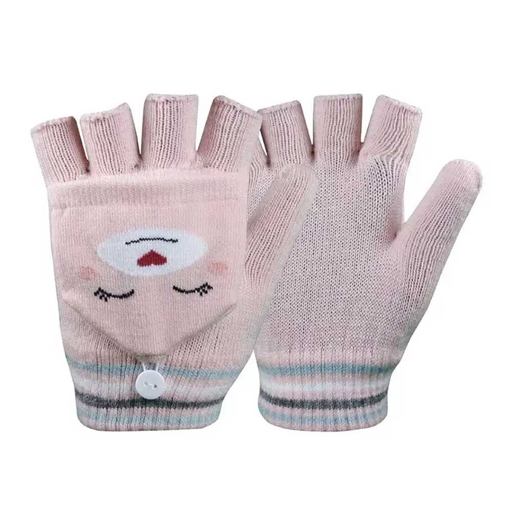 Light Pink Jacquard Stretchy Gloves, Cold Weather Use, Cute, Mittens Cover Fingerless Knit Gloves